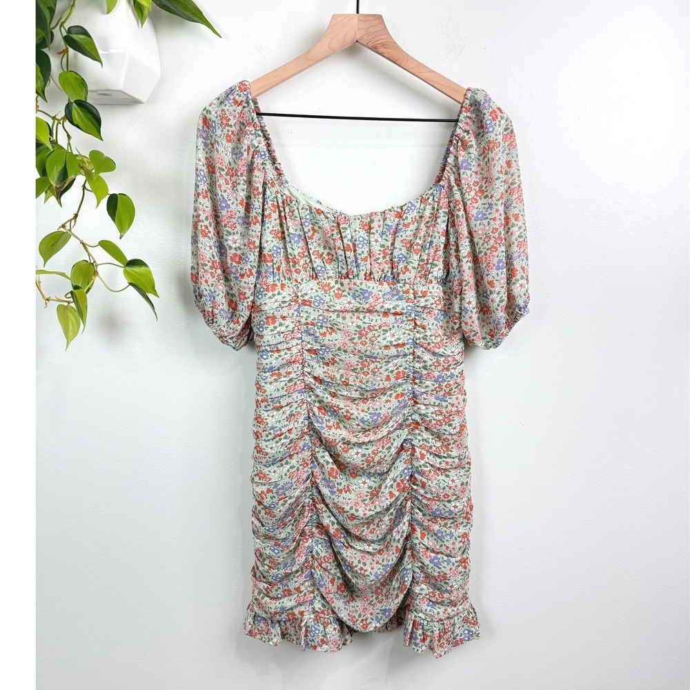 Lush Sage Floral Ruched Mini Dress Puff Sleeve Square Neck Ruffle S Cottagecore